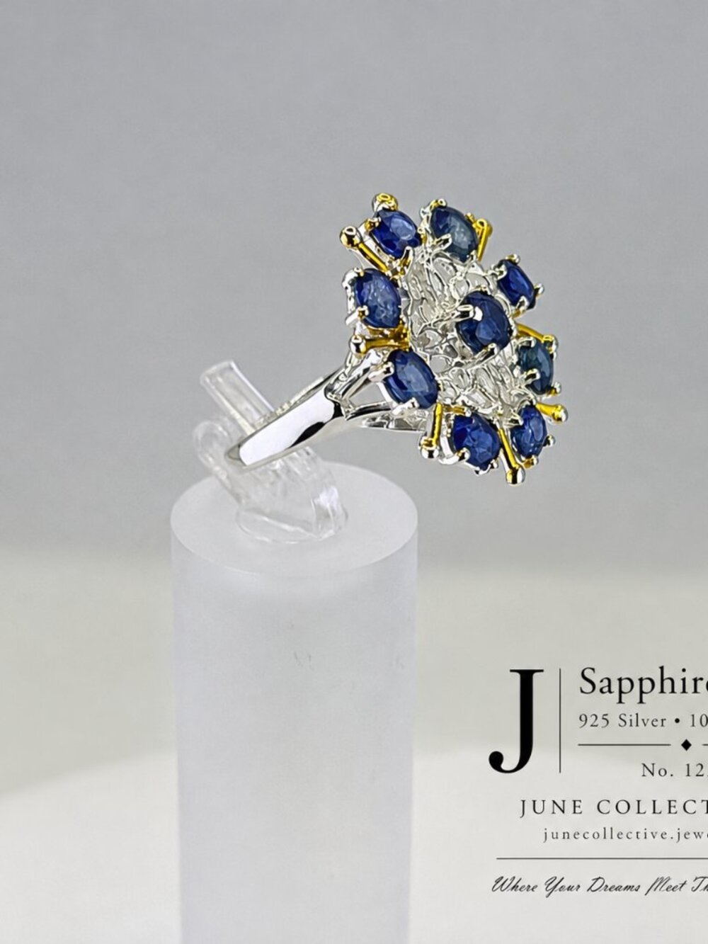Natural Sapphire Cluster Ring 925 Sterling Silver 10K Gold Accents Size 8